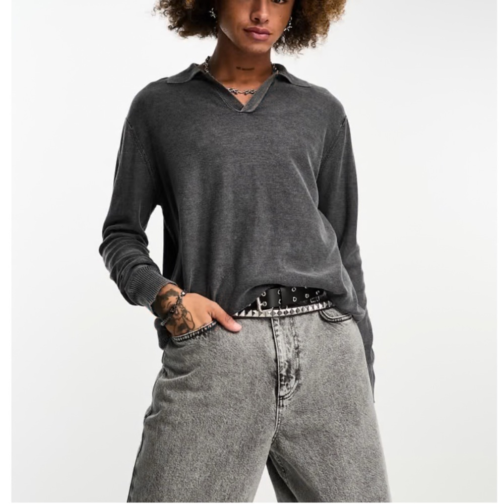 COLLUSION  Distressed Knitted Gray Polo Sweater Long Sleeve